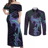 Purple Paradise Hawaii Couples Matching Off Shoulder Maxi Dress and Long Sleeve Button Shirt Hammerhead Shark Tattoo Curve Polynesian - Polynesian Pride