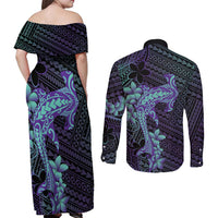 Purple Paradise Hawaii Couples Matching Off Shoulder Maxi Dress and Long Sleeve Button Shirt Hammerhead Shark Tattoo Curve Polynesian - Polynesian Pride