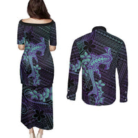 Purple Paradise Hawaii Couples Matching Puletasi and Long Sleeve Button Shirt Hammerhead Shark Tattoo Curve Polynesian LT14 - Polynesian Pride