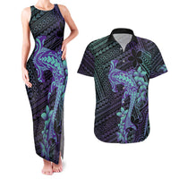 Purple Paradise Hawaii Couples Matching Tank Maxi Dress and Hawaiian Shirt Hammerhead Shark Tattoo Curve Polynesian - Polynesian Pride