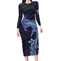 Purple Paradise Hawaii Family Matching Long Sleeve Bodycon Dress and Hawaiian Shirt Hammerhead Shark Tattoo Curve Polynesian - Polynesian Pride