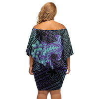Purple Paradise Hawaii Off Shoulder Short Dress Hammerhead Shark Tattoo Curve Polynesian - Polynesian Pride