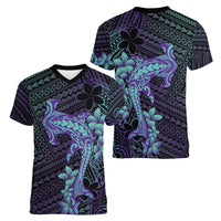 Purple Paradise Hawaii Women V-Neck T-Shirt Hammerhead Shark Tattoo Curve Polynesian - Polynesian Pride