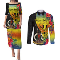 vanuatu-tafea-day-couples-matching-puletasi-dress-and-long-sleeve-button-shirts-coat-of-arms-mix-tropical-flowers