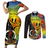 vanuatu-tafea-day-couples-matching-short-sleeve-bodycon-dress-and-long-sleeve-button-shirts-coat-of-arms-mix-tropical-flowers