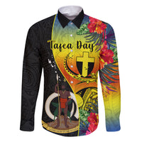 Vanuatu Tafea Day Family Matching Short Sleeve Bodycon Dress and Hawaiian Shirt Coat Of Arms Mix Tropical Flowers LT14 Dad's Shirt - Long Sleeve Black - Polynesian Pride