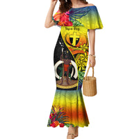 Personalised Vanuatu Tafea Day Family Matching Mermaid Dress and Hawaiian Shirt Coat Of Arms Mix Tropical Flowers LT14 Mom's Dress Black - Polynesian Pride