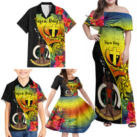 Personalised Vanuatu Tafea Day Family Matching Off Shoulder Maxi Dress and Hawaiian Shirt Coat Of Arms Mix Tropical Flowers LT14 - Polynesian Pride