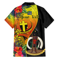 Personalised Vanuatu Tafea Day Family Matching Short Sleeve Bodycon Dress and Hawaiian Shirt Coat Of Arms Mix Tropical Flowers LT14 - Polynesian Pride