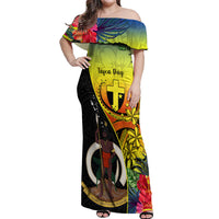 Personalised Vanuatu Tafea Day Off Shoulder Maxi Dress Coat Of Arms Mix Tropical Flowers LT14 Women Black - Polynesian Pride