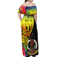 Personalised Vanuatu Tafea Day Off Shoulder Maxi Dress Coat Of Arms Mix Tropical Flowers LT14 - Polynesian Pride