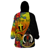 Personalised Vanuatu Tafea Day Wearable Blanket Hoodie Coat Of Arms Mix Tropical Flowers LT14 - Polynesian Pride
