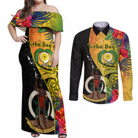 Vanuatu Torba Day Couples Matching Off Shoulder Maxi Dress and Long Sleeve Button Shirts Coat Of Arms Mix Tropical Flowers LT14 Black - Polynesian Pride