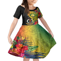 Vanuatu Torba Day Family Matching Short Sleeve Bodycon Dress and Hawaiian Shirt Coat Of Arms Mix Tropical Flowers LT14 Daughter's Dress Black - Polynesian Pride