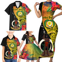 Vanuatu Torba Day Family Matching Short Sleeve Bodycon Dress and Hawaiian Shirt Coat Of Arms Mix Tropical Flowers LT14 - Polynesian Pride