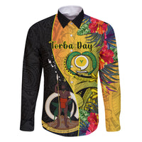 Personalised Vanuatu Torba Day Family Matching Off Shoulder Maxi Dress and Hawaiian Shirt Coat Of Arms Mix Tropical Flowers LT14 Dad's Shirt - Long Sleeve Black - Polynesian Pride