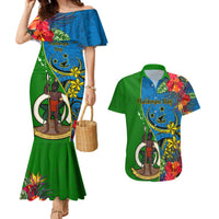 Vanuatu Malampa Day Couples Matching Mermaid Dress and Hawaiian Shirt Coat Of Arms Mix Tropical Flowers LT14 Green - Polynesian Pride