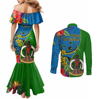 vanuatu-malampa-day-couples-matching-mermaid-dress-and-long-sleeve-button-shirts-coat-of-arms-mix-tropical-flowers