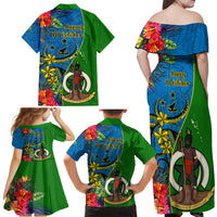 Vanuatu Malampa Day Family Matching Off Shoulder Maxi Dress and Hawaiian Shirt Coat Of Arms Mix Tropical Flowers LT14 - Polynesian Pride