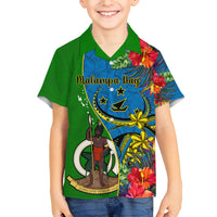 Vanuatu Malampa Day Family Matching Short Sleeve Bodycon Dress and Hawaiian Shirt Coat Of Arms Mix Tropical Flowers LT14 Son's Shirt Green - Polynesian Pride