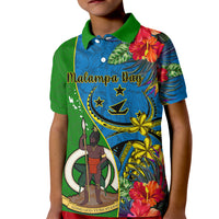Vanuatu Malampa Day Kid Polo Shirt Coat Of Arms Mix Tropical Flowers LT14 Kid Green - Polynesian Pride