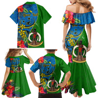 Personalised Vanuatu Malampa Day Family Matching Mermaid Dress and Hawaiian Shirt Coat Of Arms Mix Tropical Flowers LT14 - Polynesian Pride