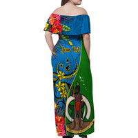 Personalised Vanuatu Malampa Day Family Matching Off Shoulder Maxi Dress and Hawaiian Shirt Coat Of Arms Mix Tropical Flowers LT14 - Polynesian Pride