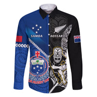 New Zealand And Samoa Rugby Family Matching Puletasi Dress and Hawaiian Shirt All Black Tiki Fern Mix Manu Samoa 2023 World Cup LT14 Dad's Shirt - Long Sleeve Black - Polynesian Pride