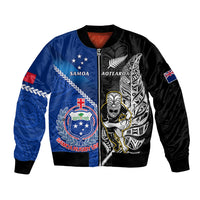 Custom New Zealand And Samoa Rugby Bomber Jacket All Black Tiki Fern Mix Manu Samoa 2023 World Cup LT14 Unisex Black - Polynesian Pride
