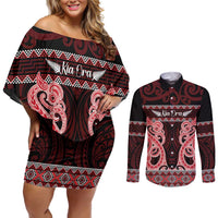 Kia Ora New Zealand Couples Matching Off Shoulder Short Dress and Long Sleeve Button Shirt Maori Language Week Whero Taniko Motif - Polynesian Pride