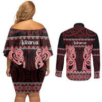 Kia Ora New Zealand Couples Matching Off Shoulder Short Dress and Long Sleeve Button Shirt Maori Language Week Whero Taniko Motif - Polynesian Pride