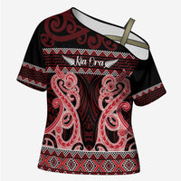 Kia Ora New Zealand Cross Shoulder Shirt Maori Language Week Whero Taniko Motif LT14 Female Red - Polynesian Pride
