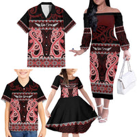 Kia Ora New Zealand Family Matching Off The Shoulder Long Sleeve Dress and Hawaiian Shirt Maori Language Week Whero Taniko Motif LT14 - Polynesian Pride