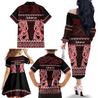 Kia Ora New Zealand Family Matching Off The Shoulder Long Sleeve Dress and Hawaiian Shirt Maori Language Week Whero Taniko Motif LT14 - Polynesian Pride