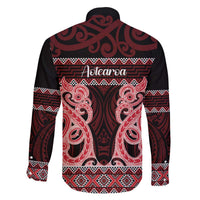 Kia Ora New Zealand Family Matching Off The Shoulder Long Sleeve Dress and Hawaiian Shirt Maori Language Week Whero Taniko Motif LT14 - Polynesian Pride