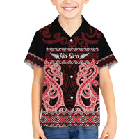 Kia Ora New Zealand Family Matching Off The Shoulder Long Sleeve Dress and Hawaiian Shirt Maori Language Week Whero Taniko Motif LT14 Son's Shirt Red - Polynesian Pride