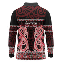 Kia Ora New Zealand Long Sleeve Polo Shirt Maori Language Week Whero Taniko Motif - Polynesian Pride