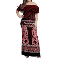 Kia Ora New Zealand Off Shoulder Maxi Dress Maori Language Week Whero Taniko Motif LT14 Women Red - Polynesian Pride