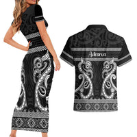 Kia Ora New Zealand Couples Matching Short Sleeve Bodycon Dress and Hawaiian Shirt Maori Language Week Pango Taniko Motif - Polynesian Pride