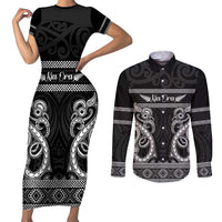 Kia Ora New Zealand Couples Matching Short Sleeve Bodycon Dress and Long Sleeve Button Shirt Maori Language Week Pango Taniko Motif - Polynesian Pride