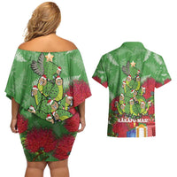 Kakapo New Zealand Christmas Couples Matching Off Shoulder Short Dress and Hawaiian Shirt Meri Kirihimete Pohutukawa - Green Color LT14 - Polynesian Pride