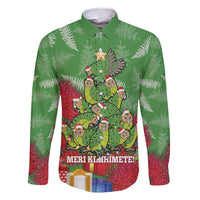 Kakapo New Zealand Christmas Family Matching Off Shoulder Maxi Dress and Hawaiian Shirt Meri Kirihimete Pohutukawa - Green Color LT14 Dad's Shirt - Long Sleeve Green - Polynesian Pride