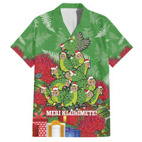Kakapo New Zealand Christmas Family Matching Off Shoulder Short Dress and Hawaiian Shirt Meri Kirihimete Pohutukawa - Green Color LT14 Dad's Shirt - Short Sleeve Green - Polynesian Pride