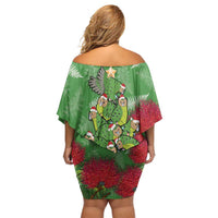 Kakapo New Zealand Christmas Family Matching Off Shoulder Short Dress and Hawaiian Shirt Meri Kirihimete Pohutukawa - Green Color LT14 - Polynesian Pride