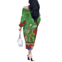 Kakapo New Zealand Christmas Off The Shoulder Long Sleeve Dress Meri Kirihimete Pohutukawa - Green Color