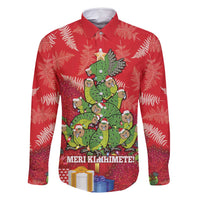 Kakapo New Zealand Christmas Family Matching Off Shoulder Maxi Dress and Hawaiian Shirt Meri Kirihimete Pohutukawa - Red Color LT14 Dad's Shirt - Long Sleeve Red - Polynesian Pride