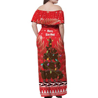 Kiwi New Zealand Christmas Family Matching Off Shoulder Maxi Dress and Hawaiian Shirt Meri Kirihimete Silver Fern - Red Color LT14 - Polynesian Pride