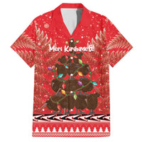 Kiwi New Zealand Christmas Family Matching Off Shoulder Short Dress and Hawaiian Shirt Meri Kirihimete Silver Fern - Red Color LT14 Dad's Shirt - Short Sleeve Red - Polynesian Pride