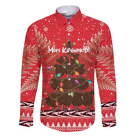 Kiwi New Zealand Christmas Family Matching Off Shoulder Short Dress and Hawaiian Shirt Meri Kirihimete Silver Fern - Red Color LT14 Dad's Shirt - Long Sleeve Red - Polynesian Pride