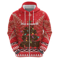 Kiwi New Zealand Christmas Zip Hoodie Meri Kirihimete Silver Fern - Red Color